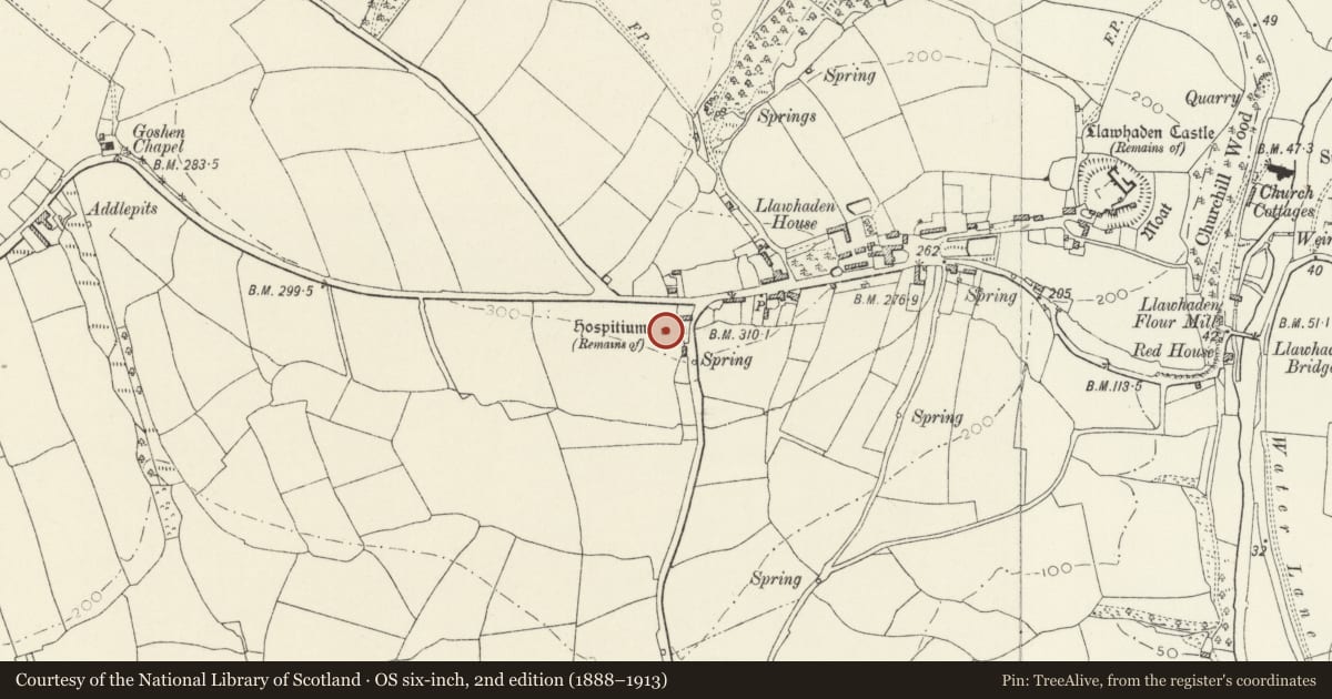 Ordnance Survey six-inch map, 2nd edition (1888–1913) covering the location of Remains of Llawhaden Hospital, Pembrokeshire, with a pin at the register's coordinates