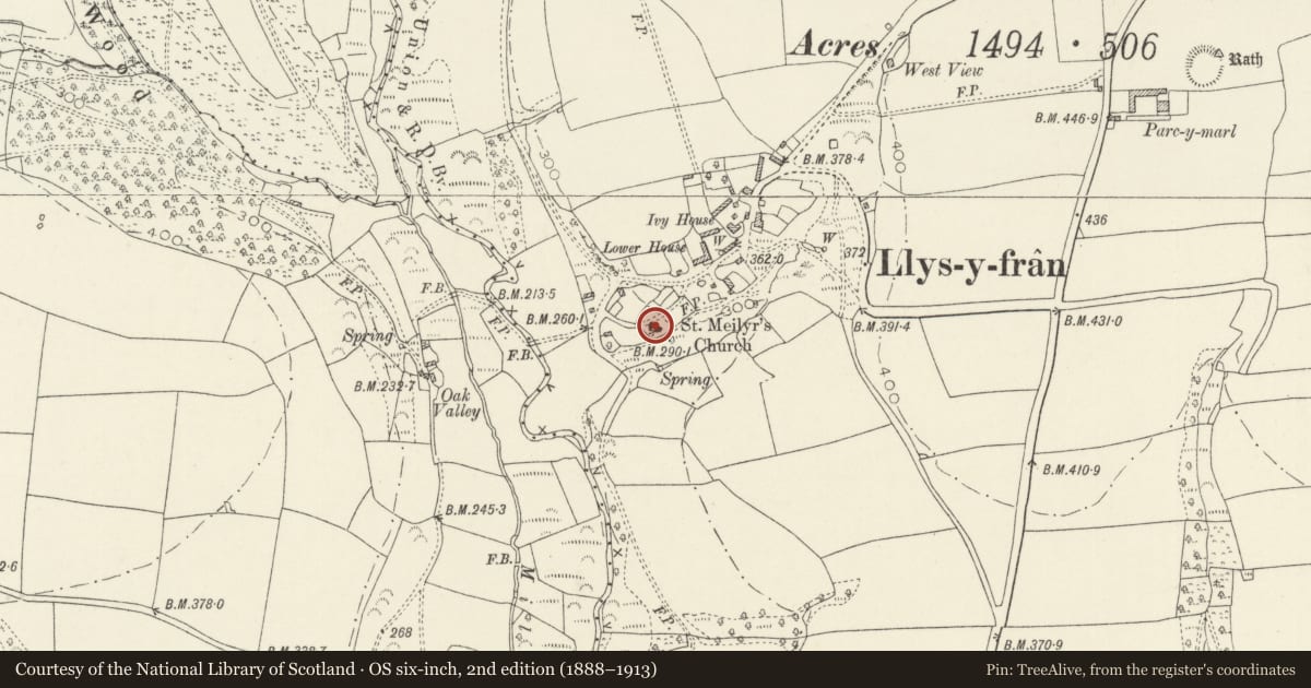 Ordnance Survey six-inch map, 2nd edition (1888–1913) covering the location of Church of Saint Meilyr, New Moat, Pembrokeshire, with a pin at the register's coordinates