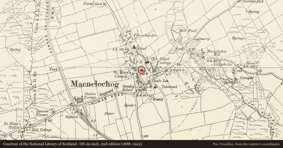 Ordnance Survey six-inch map, 2nd edition (1888–1913) covering the location of Church of Saint Mary, Maenclochog, Pembrokeshire, with a pin at the register's coordinates