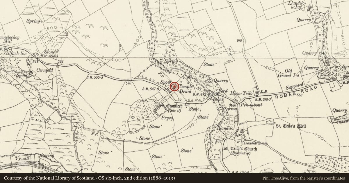 Ordnance Survey six-inch map, 2nd edition (1888–1913) covering the location of Temple Druid, Maenclochog, Pembrokeshire, with a pin at the register's coordinates
