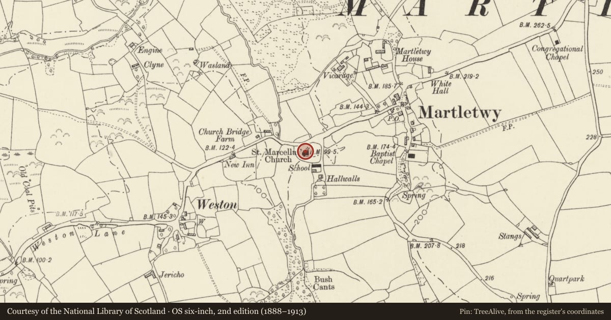Ordnance Survey six-inch map, 2nd edition (1888–1913) covering the location of Church of St. Marcellus, Martletwy, Pembrokeshire, with a pin at the register's coordinates