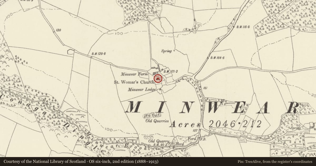 Ordnance Survey six-inch map, 2nd edition (1888–1913) covering the location of Church of St. Womar, Martletwy, Pembrokeshire, with a pin at the register's coordinates