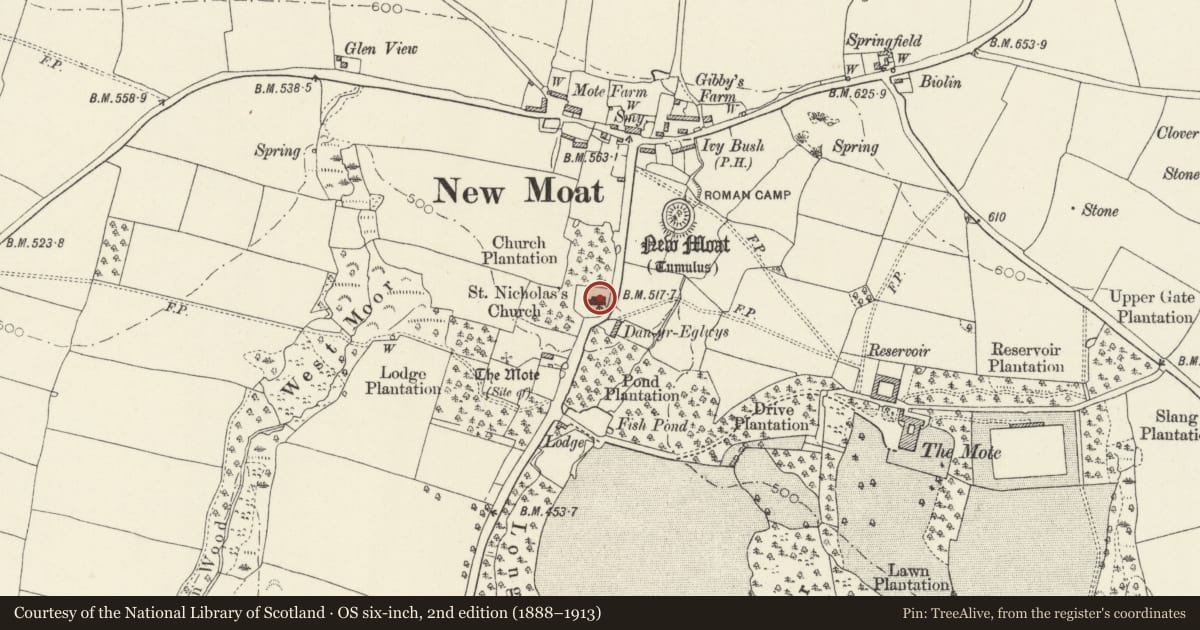 Ordnance Survey six-inch map, 2nd edition (1888–1913) covering the location of Parish Church of Saint Nicholas, New Moat, Pembrokeshire, with a pin at the register's coordinates