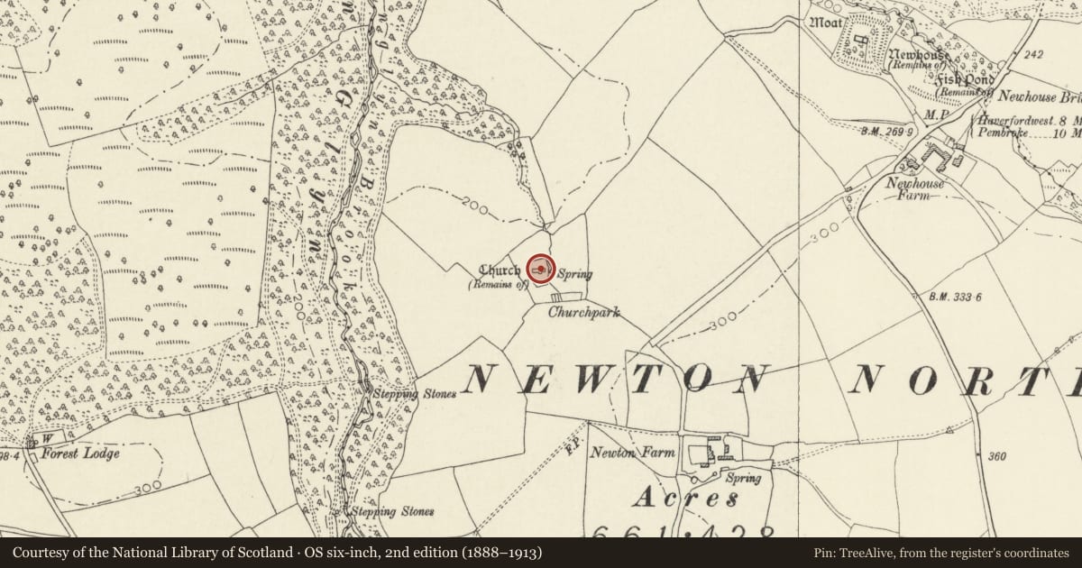 Ordnance Survey six-inch map, 2nd edition (1888–1913) covering the location of Newton North Church, Martletwy, Pembrokeshire, with a pin at the register's coordinates