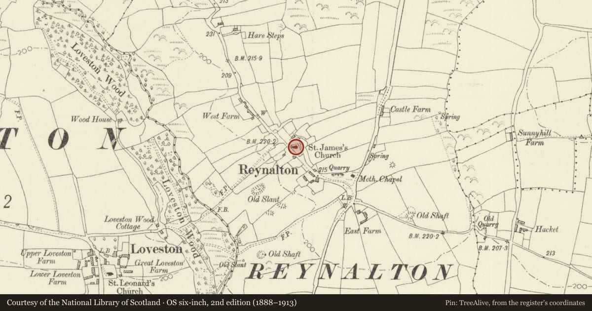 Ordnance Survey six-inch map, 2nd edition (1888–1913) covering the location of Reynalton Church, Kilgetty/Begelly, Pembrokeshire, with a pin at the register's coordinates