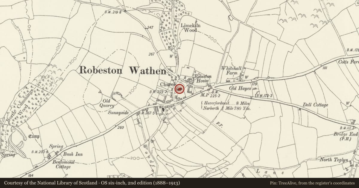 Ordnance Survey six-inch map, 2nd edition (1888–1913) covering the location of Robeston Wathen Church, Llawhaden, Pembrokeshire, with a pin at the register's coordinates
