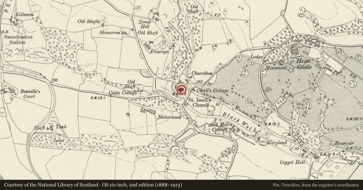 Ordnance Survey six-inch map, 2nd edition (1888–1913) covering the location of St Issell's Church, Saundersfoot, Pembrokeshire, with a pin at the register's coordinates