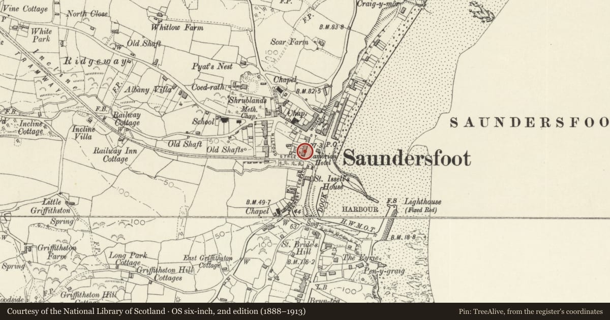 Ordnance Survey six-inch map, 2nd edition (1888–1913) covering the location of Cambrian Hotel, Saundersfoot, Pembrokeshire, with a pin at the register's coordinates