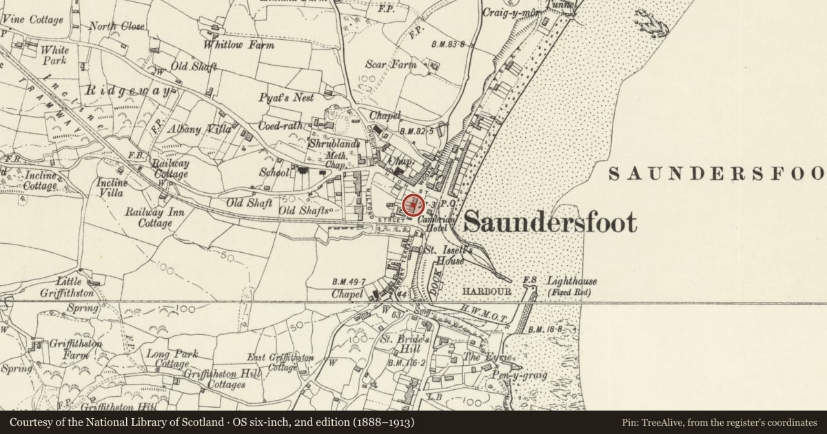 Ordnance Survey six-inch map, 2nd edition (1888–1913) covering the location of Swn y Mor Hotel, Saundersfoot, Pembrokeshire, with a pin at the register's coordinates