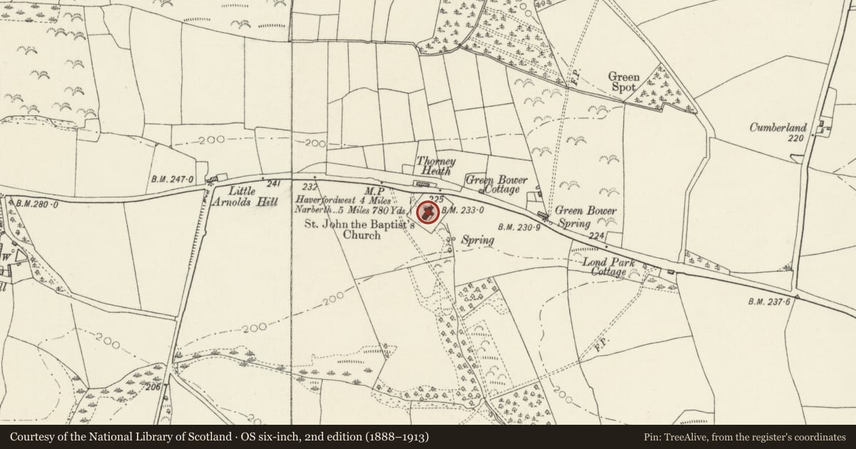 Ordnance Survey six-inch map, 2nd edition (1888–1913) covering the location of Church of St. John the Baptist, Slebech, Pembrokeshire, with a pin at the register's coordinates