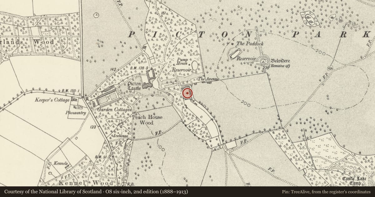 Ordnance Survey six-inch map, 2nd edition (1888–1913) covering the location of Stables and Coach-house at Picton Castle, Slebech, Pembrokeshire, with a pin at the register's coordinates