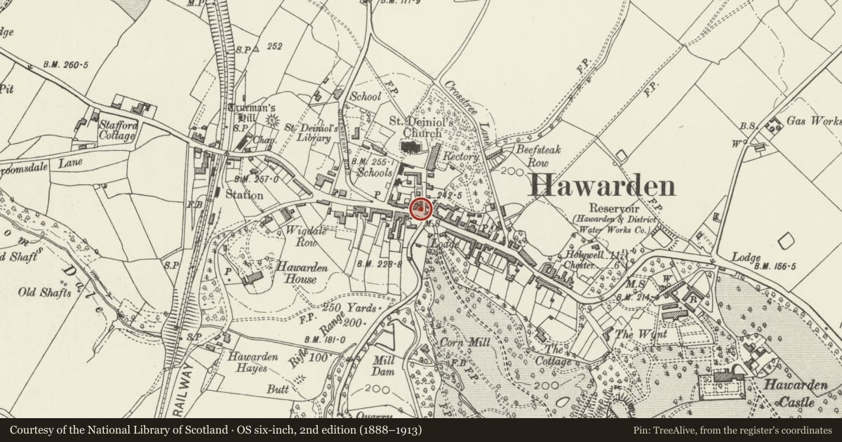 Ordnance Survey six-inch map, 2nd edition (1888–1913) covering the location of Telephone Call-box on the corner with Rectory Lane, Hawarden, Flintshire, with a pin at the register's coordinates