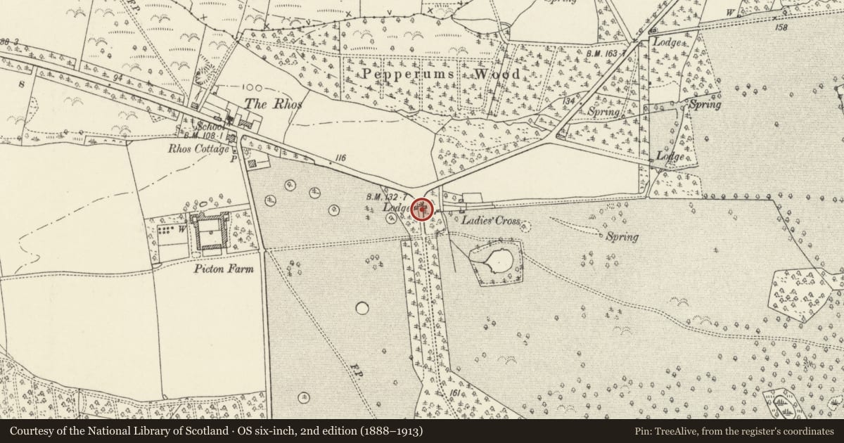 Ordnance Survey six-inch map, 2nd edition (1888–1913) covering the location of North Entrance Lodges to Picton Castle, Slebech, Pembrokeshire, with a pin at the register's coordinates