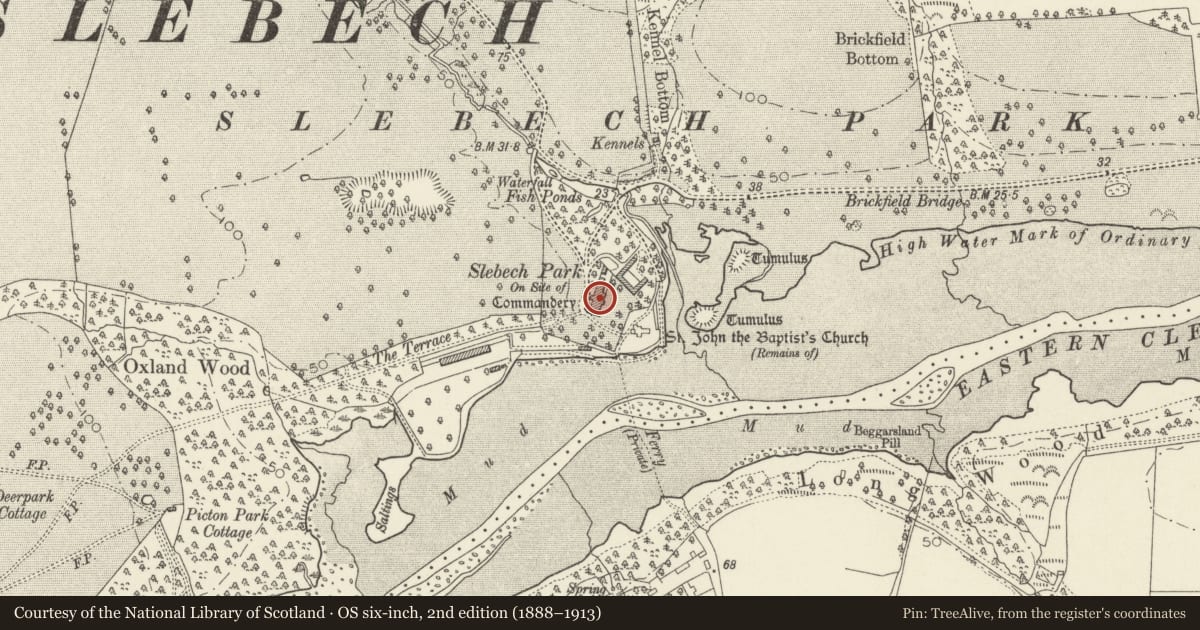 Ordnance Survey six-inch map, 2nd edition (1888–1913) covering the location of Slebech Park, Pembrokeshire, with a pin at the register's coordinates