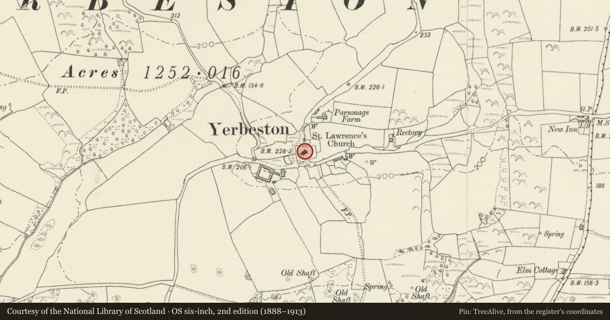 Ordnance Survey six-inch map, 2nd edition (1888–1913) covering the location of Church of St Lawrence, Jeffreyston, Pembrokeshire, with a pin at the register's coordinates