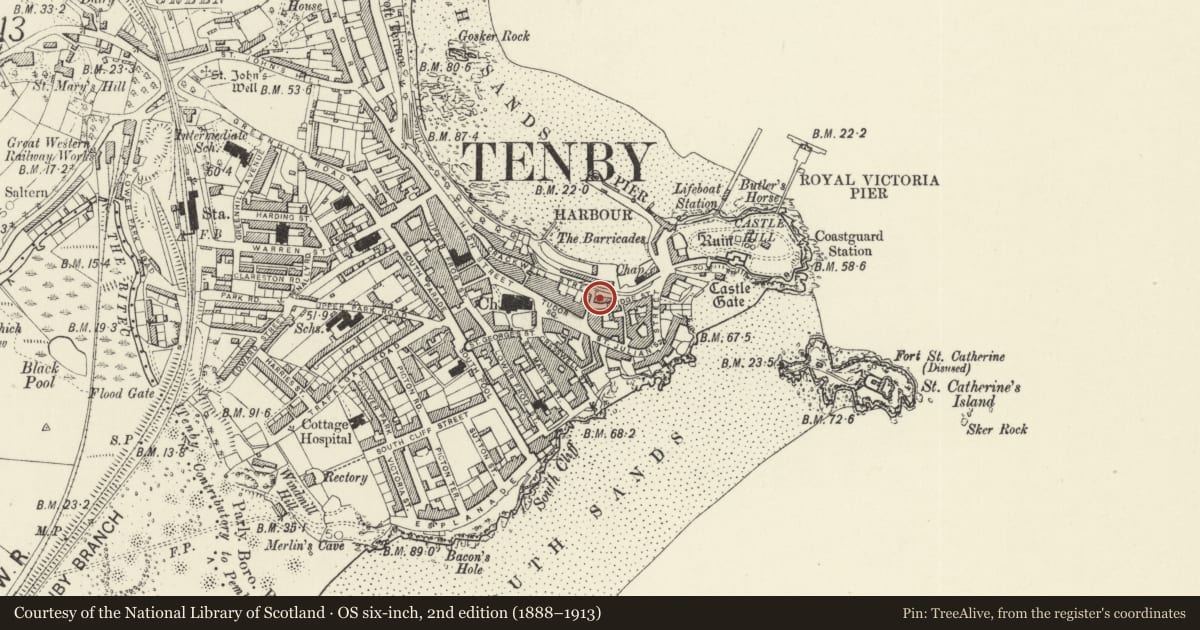 Ordnance Survey six-inch map, 2nd edition (1888–1913) covering the location of Former house of the artist Charles Norris, Tenby, Pembrokeshire, with a pin at the register's coordinates