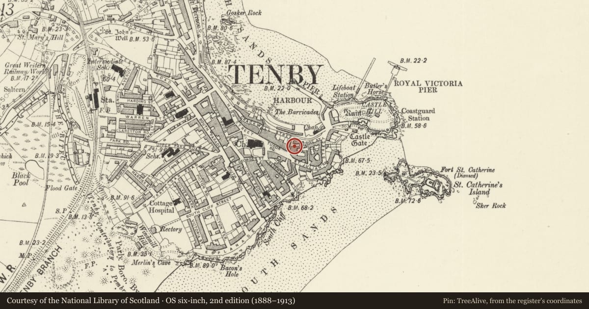 Ordnance Survey six-inch map, 2nd edition (1888–1913) covering the location of Dolphin Cottage, Tenby, Pembrokeshire, with a pin at the register's coordinates