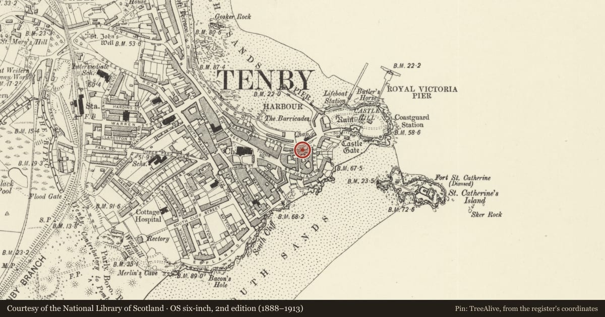 Ordnance Survey six-inch map, 2nd edition (1888–1913) covering the location of Bridge House, Tenby, Pembrokeshire, with a pin at the register's coordinates