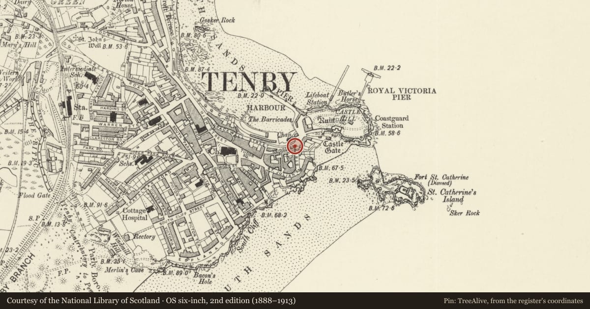 Ordnance Survey six-inch map, 2nd edition (1888–1913) covering the location of St Julian's House, Tenby, Pembrokeshire, with a pin at the register's coordinates