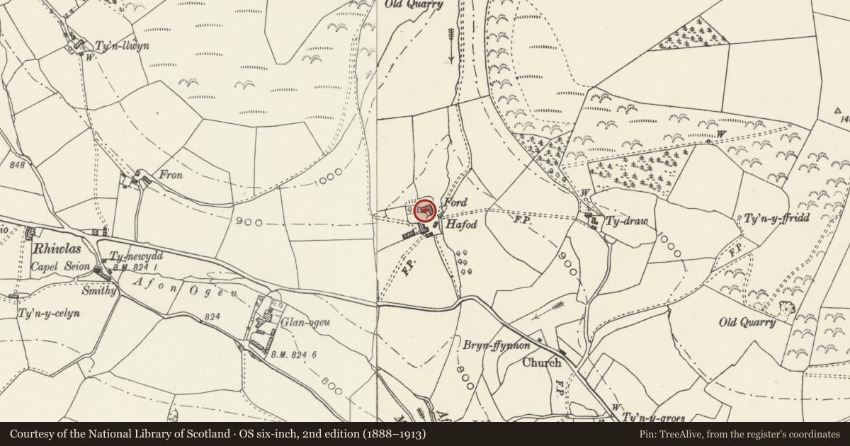 Ordnance Survey six-inch map, 2nd edition (1888–1913) covering the location of Hafod, Llansilin, Powys, with a pin at the register's coordinates