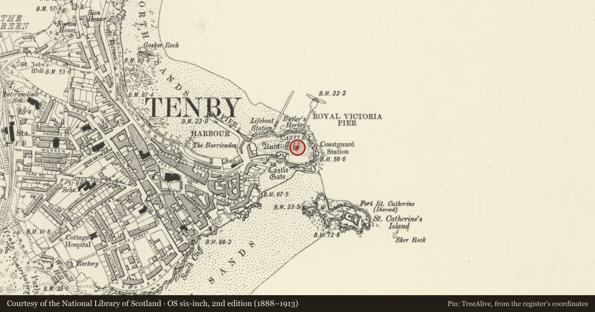 Ordnance Survey six-inch map, 2nd edition (1888–1913) covering the location of The Old Coastguard House, Tenby, Pembrokeshire, with a pin at the register's coordinates