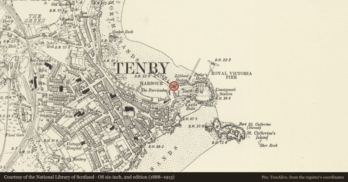 Ordnance Survey six-inch map, 2nd edition (1888–1913) covering the location of Laston House, Tenby, Pembrokeshire, with a pin at the register's coordinates