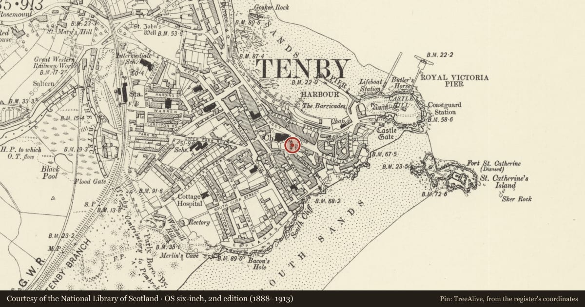 Ordnance Survey six-inch map, 2nd edition (1888–1913) covering the location of 1-2 Church Street, Tenby, Pembrokeshire, with a pin at the register's coordinates