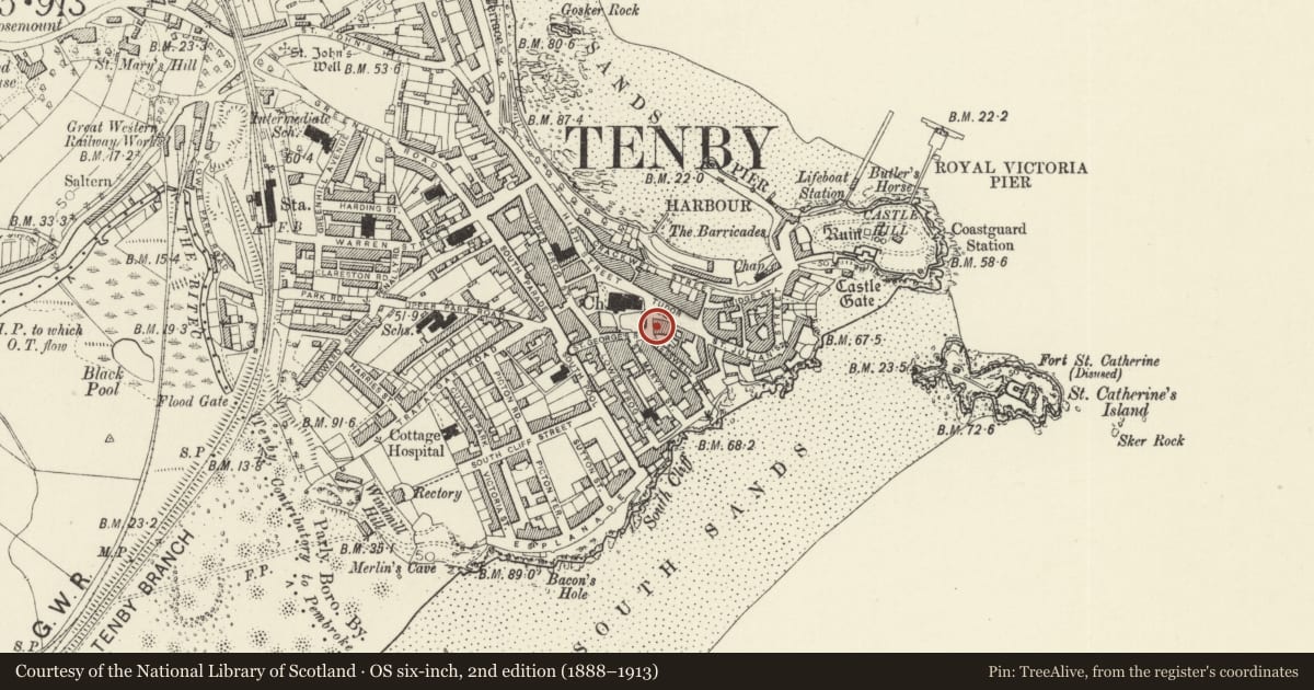 Ordnance Survey six-inch map, 2nd edition (1888–1913) covering the location of 4 Church Street, Tenby, Pembrokeshire, with a pin at the register's coordinates
