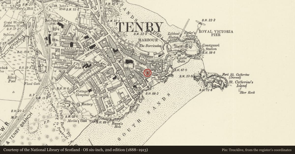 Ordnance Survey six-inch map, 2nd edition (1888–1913) covering the location of China Cottage, Tenby, Pembrokeshire, with a pin at the register's coordinates