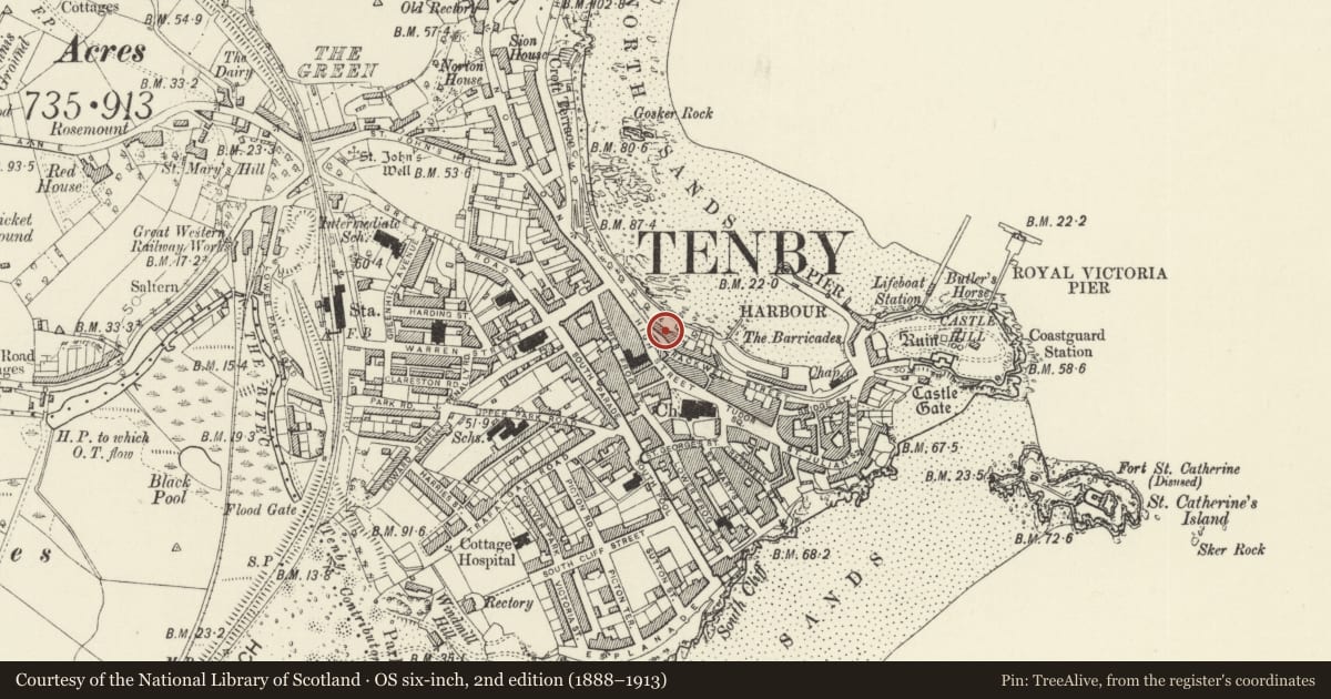 Ordnance Survey six-inch map, 2nd edition (1888–1913) covering the location of No 2 Bellevue, Tenby, Pembrokeshire, with a pin at the register's coordinates