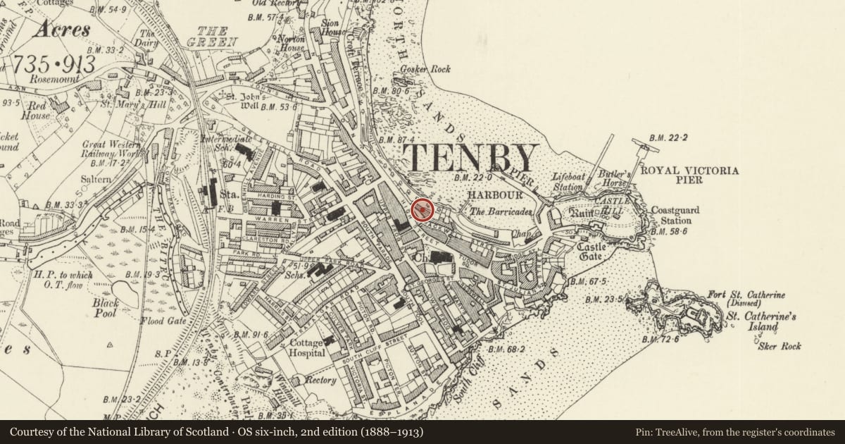 Ordnance Survey six-inch map, 2nd edition (1888–1913) covering the location of No 3 Bellevue, Tenby, Pembrokeshire, with a pin at the register's coordinates