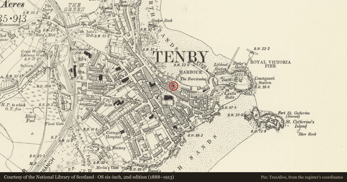 Ordnance Survey six-inch map, 2nd edition (1888–1913) covering the location of Gateway to Brother Thomas' Garden and wall to left, Tenby, Pembrokeshire, with a pin at the register's coordinates