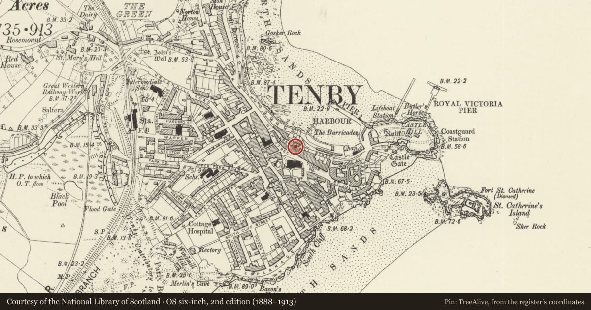 Ordnance Survey six-inch map, 2nd edition (1888–1913) covering the location of Anchorage, Tenby, Pembrokeshire, with a pin at the register's coordinates