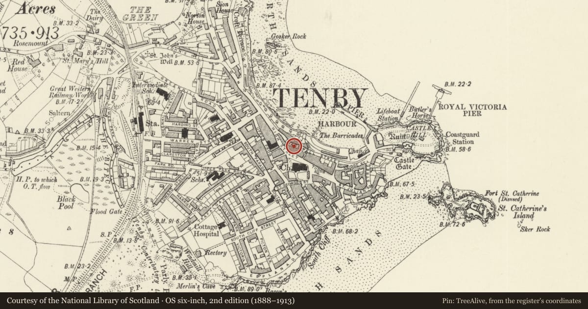 Ordnance Survey six-inch map, 2nd edition (1888–1913) covering the location of Derham Lodge, Tenby, Pembrokeshire, with a pin at the register's coordinates