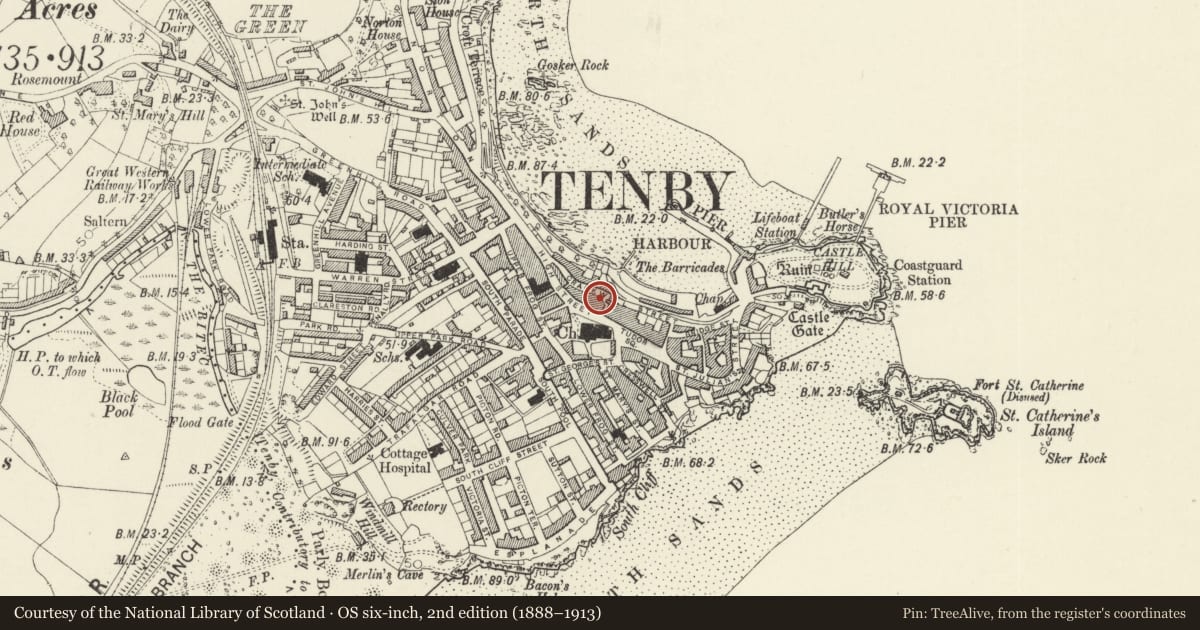 Ordnance Survey six-inch map, 2nd edition (1888–1913) covering the location of The Lantern, Tenby, Pembrokeshire, with a pin at the register's coordinates