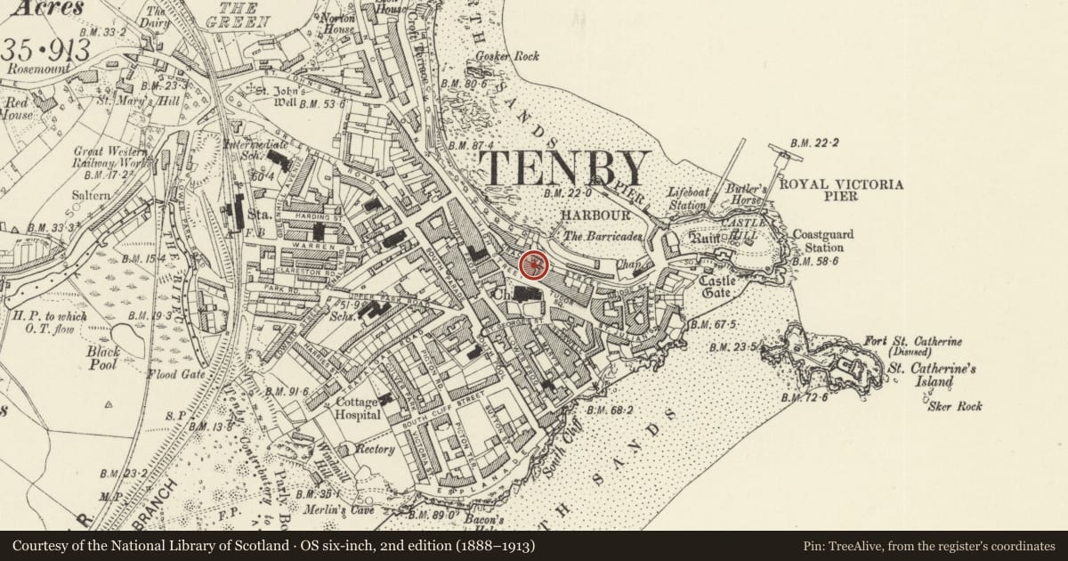Ordnance Survey six-inch map, 2nd edition (1888–1913) covering the location of Richmond House, Tenby, Pembrokeshire, with a pin at the register's coordinates