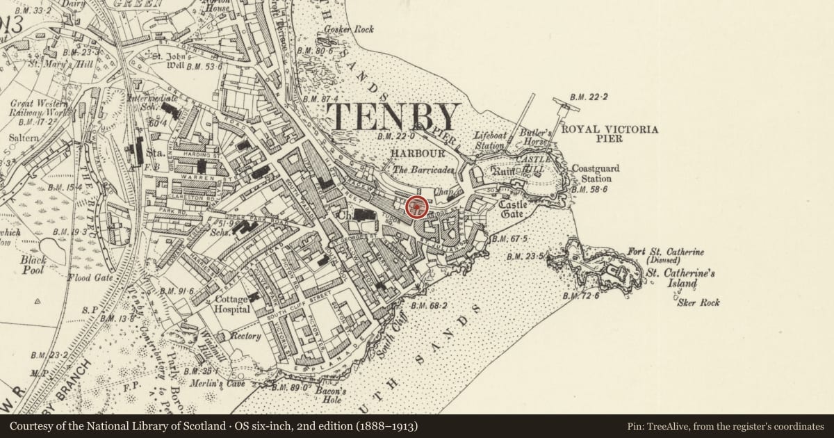 Ordnance Survey six-inch map, 2nd edition (1888–1913) covering the location of No 1 Harbour View and railings, Tenby, Pembrokeshire, with a pin at the register's coordinates