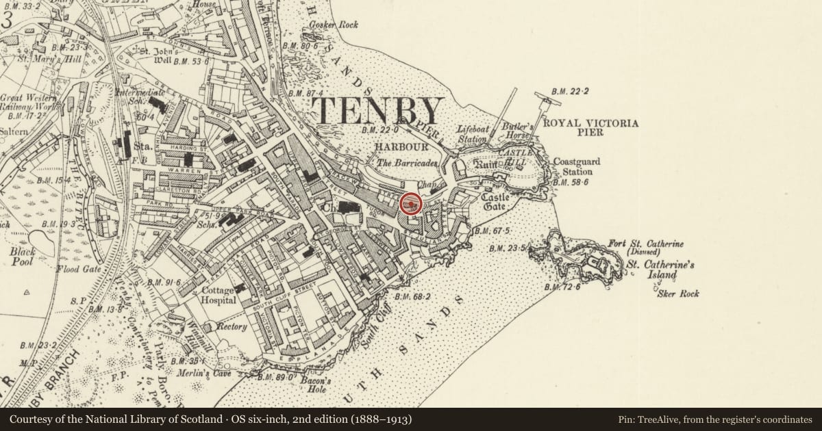 Ordnance Survey six-inch map, 2nd edition (1888–1913) covering the location of Sparta House, Tenby, Pembrokeshire, with a pin at the register's coordinates