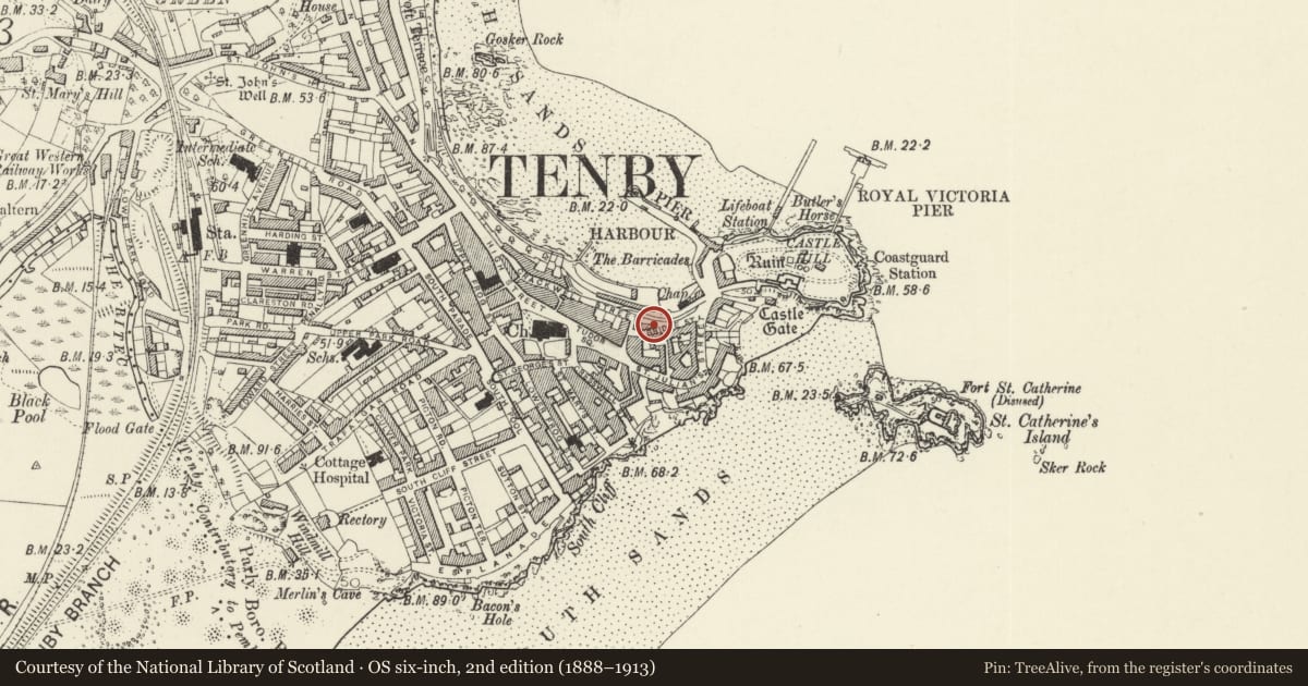 Ordnance Survey six-inch map, 2nd edition (1888–1913) covering the location of Pier House, Tenby, Pembrokeshire, with a pin at the register's coordinates