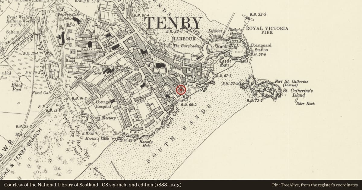 Ordnance Survey six-inch map, 2nd edition (1888–1913) covering the location of Red Lodge, Tenby, Pembrokeshire, with a pin at the register's coordinates