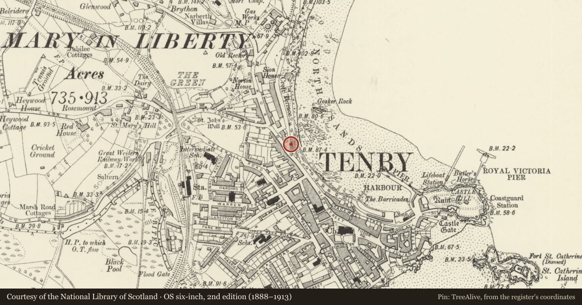 Ordnance Survey six-inch map, 2nd edition (1888–1913) covering the location of Retaining arches and railings at S end, Tenby, Pembrokeshire, with a pin at the register's coordinates