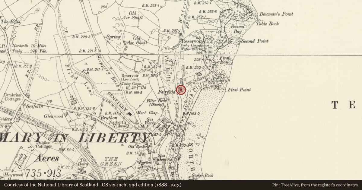 Ordnance Survey six-inch map, 2nd edition (1888–1913) covering the location of Fairfield, Tenby, Pembrokeshire, with a pin at the register's coordinates