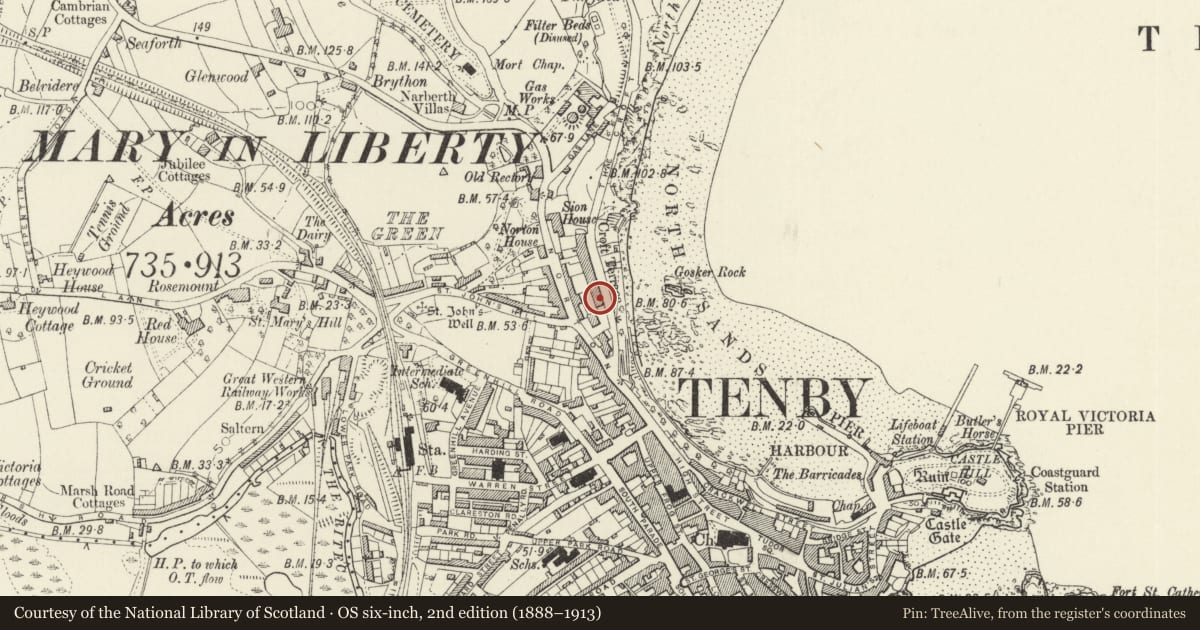 Ordnance Survey six-inch map, 2nd edition (1888–1913) covering the location of The Tenby and County Club, Pembrokeshire, with a pin at the register's coordinates
