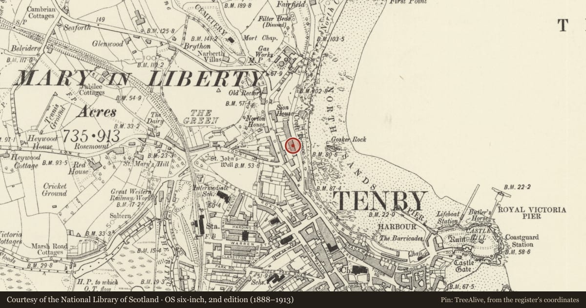 Ordnance Survey six-inch map, 2nd edition (1888–1913) covering the location of The Croft Hotel, Tenby, Pembrokeshire, with a pin at the register's coordinates