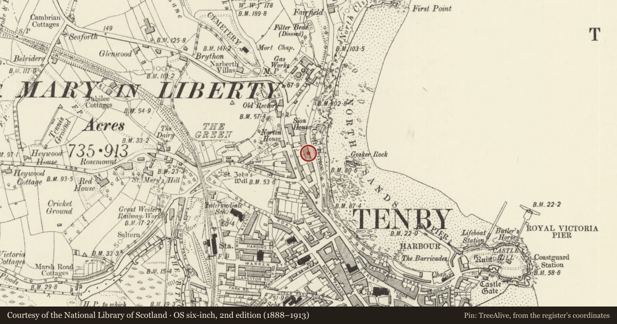 Ordnance Survey six-inch map, 2nd edition (1888–1913) covering the location of Fourcroft Hotel, Tenby, Pembrokeshire, with a pin at the register's coordinates