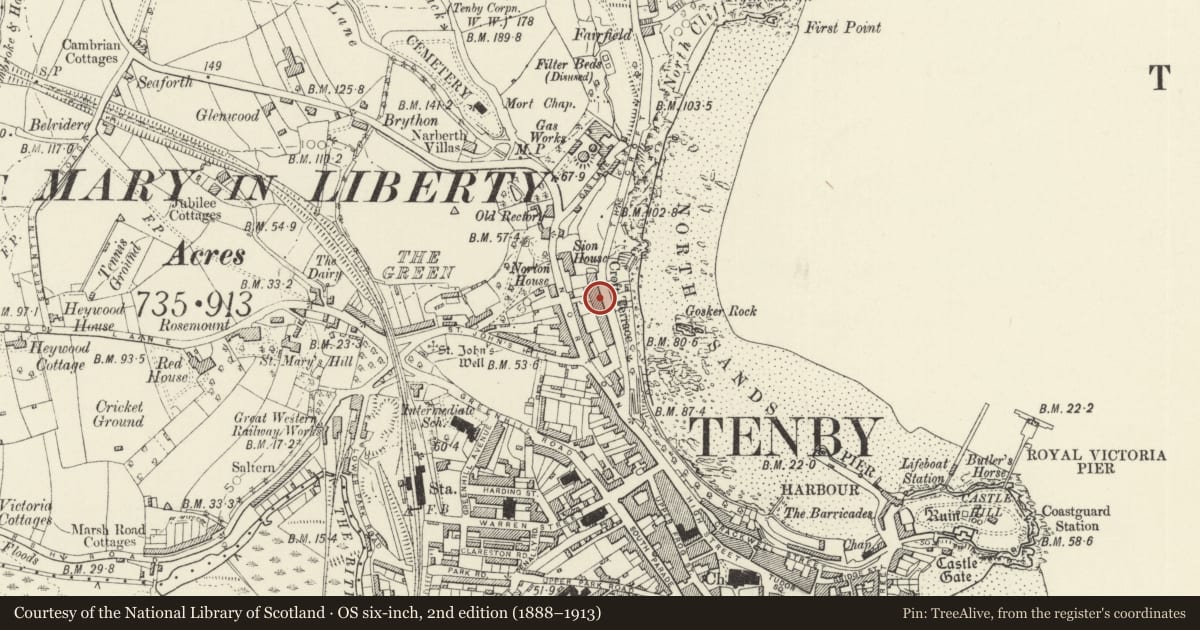 Ordnance Survey six-inch map, 2nd edition (1888–1913) covering the location of 6 The Croft, Tenby, Pembrokeshire, with a pin at the register's coordinates