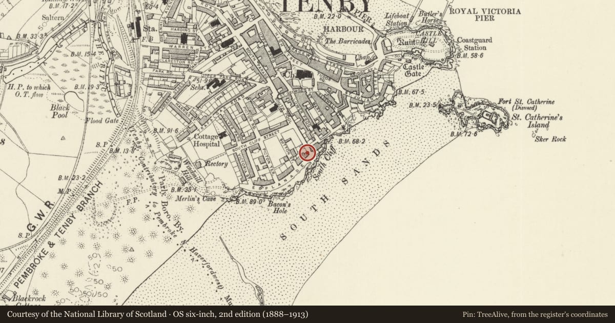 Ordnance Survey six-inch map, 2nd edition (1888–1913) covering the location of The Esplanade Hotel and railings, Tenby, Pembrokeshire, with a pin at the register's coordinates