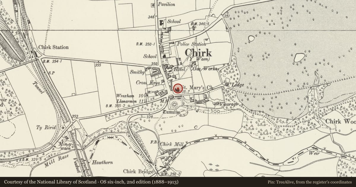 Ordnance Survey six-inch map, 2nd edition (1888–1913) covering the location of Church of St Mary, Chirk, Wrexham, with a pin at the register's coordinates