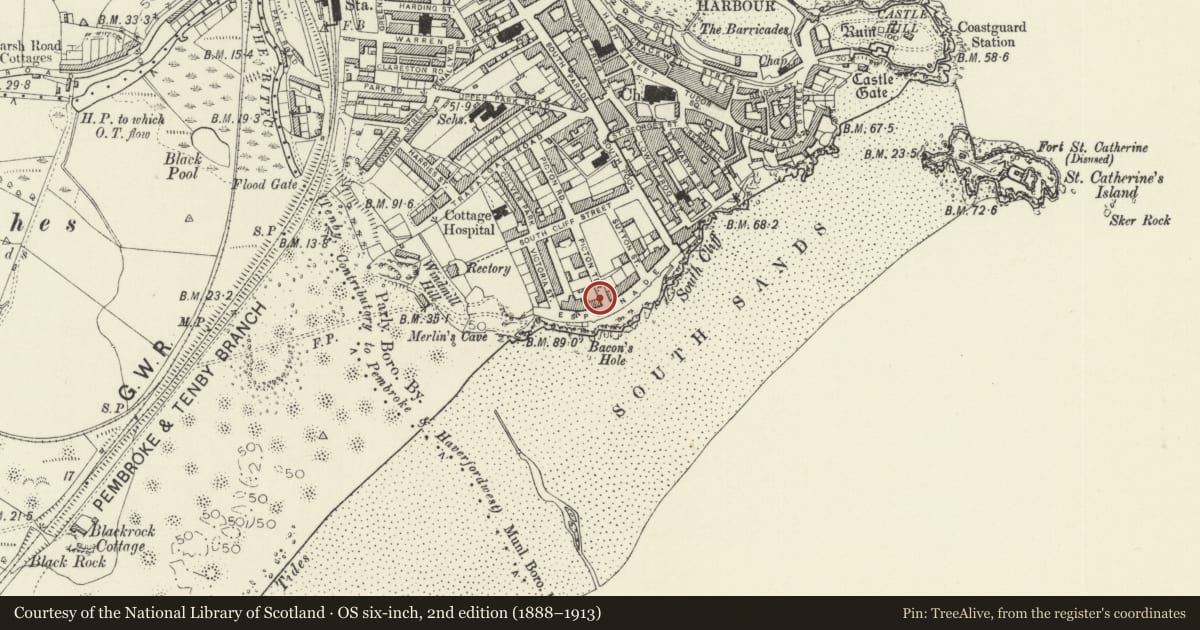 Ordnance Survey six-inch map, 2nd edition (1888–1913) covering the location of The Giltar Hotel and area railings, Tenby, Pembrokeshire, with a pin at the register's coordinates