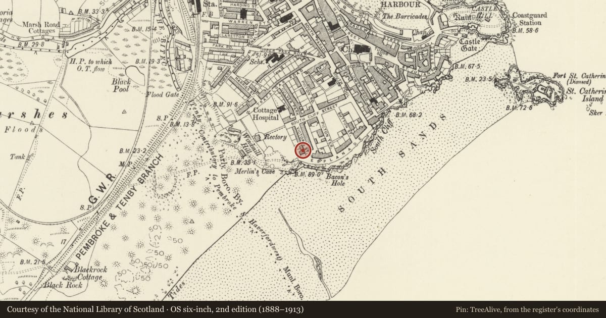 Ordnance Survey six-inch map, 2nd edition (1888–1913) covering the location of The South Beach Hotel and area railings, Tenby, Pembrokeshire, with a pin at the register's coordinates